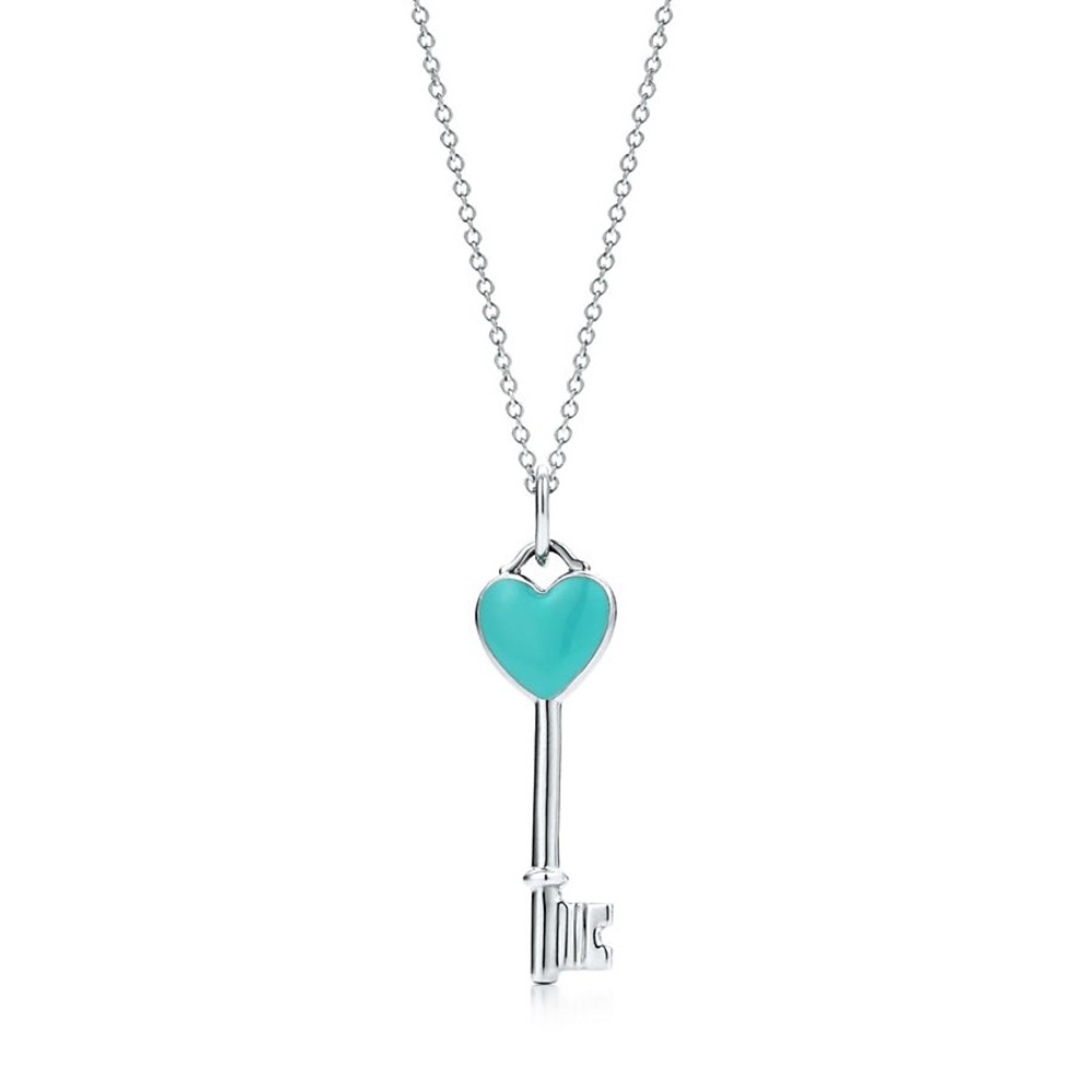TIFFANY & Co STYLE vintage blue key pendant silver metal chain heart jewelry